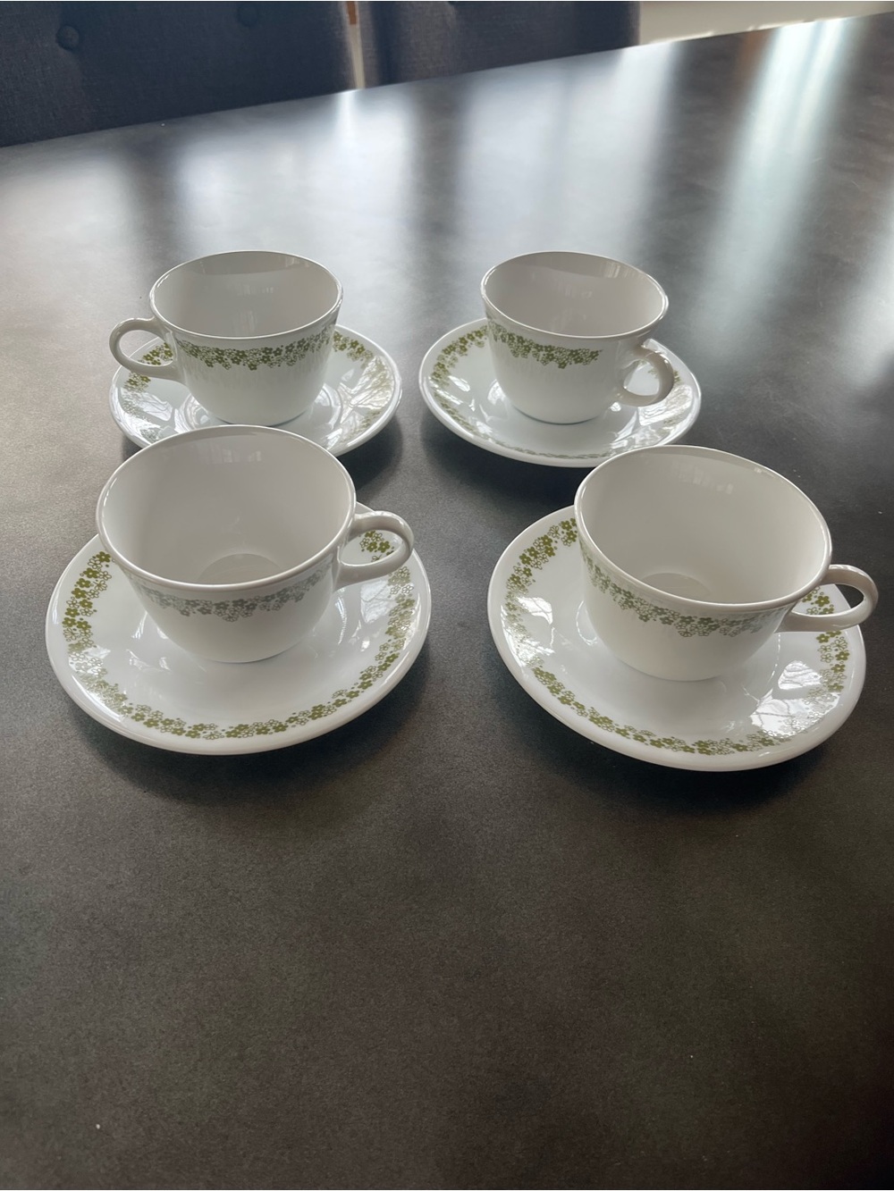 Vintage Classic White Teacup and Saucer Set with Green Floral Band - 4pcs